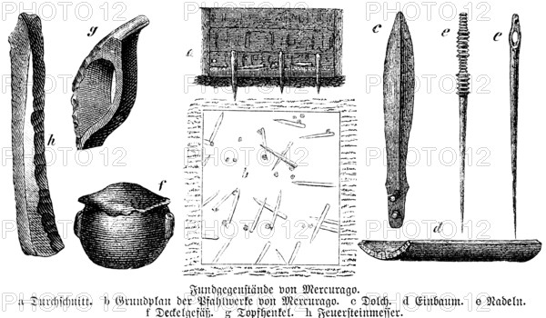 Numerous, well-preserved Etruscan finds in the moor near Mercurago on Lake Maggiore, dugout canoe, pot, needles, dagger, flint knife, plan of the pile dwellings, Piedmont, Northern Italy, archaeology, history of mankind, Italy, historical illustration 1880, Europe