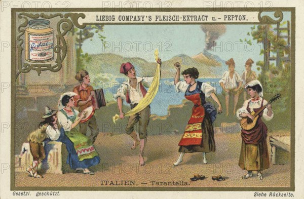 Picture series Dances of the World, Tarantella from Italy, Liebig picture, digitally restored reproduction of a collector's picture from ca 1900, public domain, exact date unknown, Italian Tarantella dance scene with musicians and dancers in traditional dress in front of a picturesque landscape