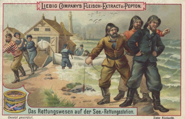 Picture series The rescue system at sea, rescue station, Liebig picture, digitally restored reproduction of a collector's picture from around 1900, public domain, exact date unknown, people preparing a lifeboat for sea on the coast