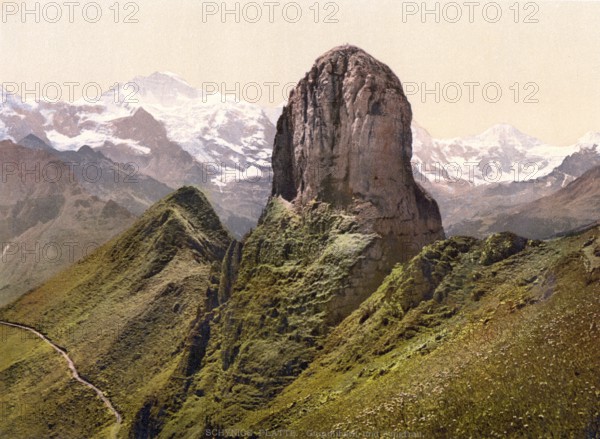 Schynige Platte, with view of Gummihorn and Jungfrau, Bernese Oberland, Switzerland, Historic, digitally restored reproduction from a 19th century original, Record date not stated, with view of Gummihorn and Jungfrau, Bernese Oberland, Switzerland, Historic, digitally restored reproduction from a 19th century original, Record date not stated, Europe