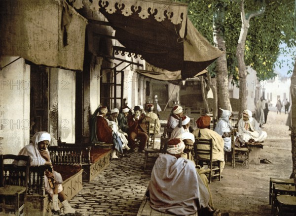 In front of a Moorish cafe in Tunis, Tunisia, around 1895, Historical, digitally restored reproduction from a 19th century original, Record date not stated, Africa