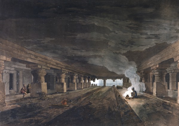 Dehr Warra. This single-storey excavation is located in the southernmost group of Buddhist caves and dates from the 6th century, India, ca 1880, digitally enhanced reproduction of a 19th century model, Asia