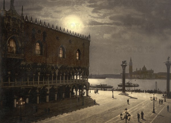 Piazzetta and San Georgio by moonlight, Venice, Italy, Historic, digitally restored reproduction from a 19th century original, Record date not stated, Piazzetta and San Georgio by moonlight, Venice, Italy, Historic, digitally restored reproduction from a 19th century original, Record date not stated, Europe
