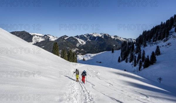 Two ski tourers in a wintry mountain landscape, ascent to Roßkopf, Mangfallgebirge, Bavaria, Germany, Europe