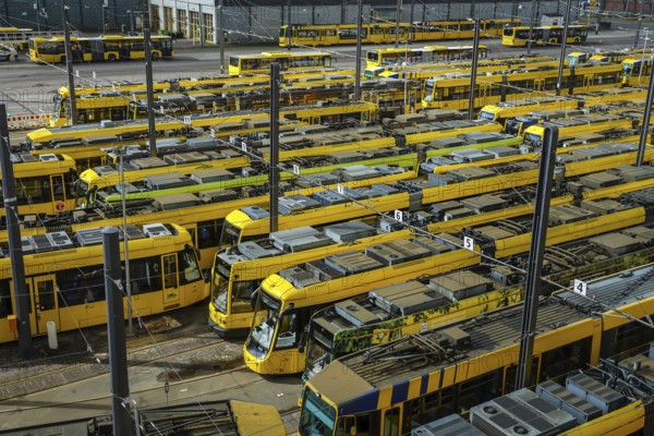 Essen, North Rhine-Westphalia, Germany, Trams at Ruhrbahn depot, Verdi and EVG warning strike, Europe