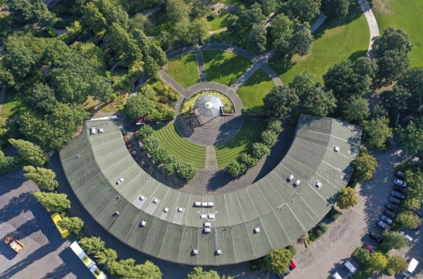 Mülheim an der Ruhr, Ruhr area, North Rhine-Westphalia, Germany - MüGa park with the Ringlokschuppen Ruhr locomotive shed, now an event venue, Mülheim's garden on the Ruhr
