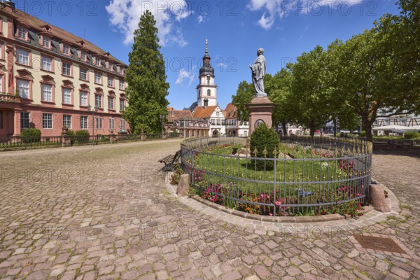 Monument to Count Franz, church tower, Erbach town church, Erbach castle, trees, market square, Erbach, Odenwald, Odenwaldkreis, Hesse, Germany, Europe