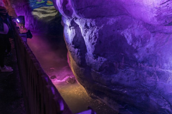 The Tamina Gorge and the Tamina River illuminated in colour at night, Altes Bad Pfäfers, St. Gallen, Switzerland, Europe