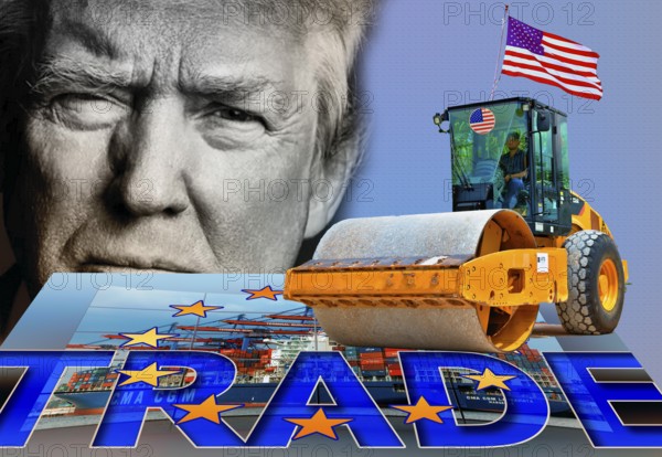 Symbolic image, EU, Germany and global economy under the US steamroller, Donald Trump, tariff threats, Elon Musk, Mark Zuckerberg, social networks, fake news, hate, hate speech, DSG Digital Services Act, re-election, USA, politics, announcements, vendetta, wanted dictator, Republicans, US electoral system, global danger, lies, 2nd term, global burden, Ukrainian war, storming White House, North America