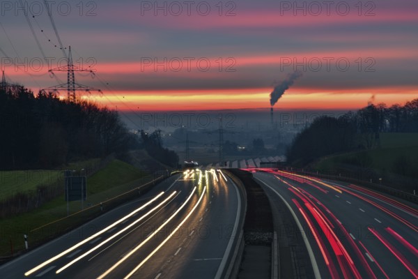 View from a bridge onto the A8 motorway near Augsburg at sunset, Augsburg, Bavaria, Germany, Europe