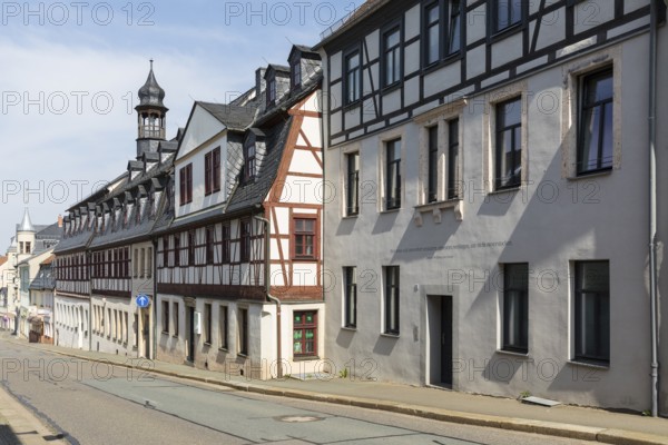 Historic residential buildings and old town hall at Altmarkt, Lichtenstein, Saxony, Germany, Europe