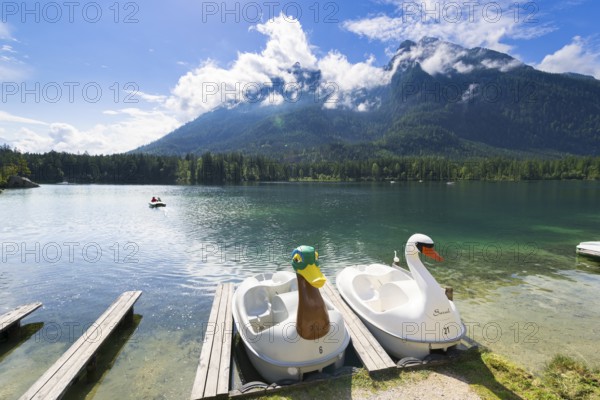 Jetty with boats at Hintersee, pedal boats, swan, duck, Hochkalter, Ramsau, Berchtesgaden National Park, Berchtesgadener Land, Upper Bavaria, Bavaria, Germany, Europe