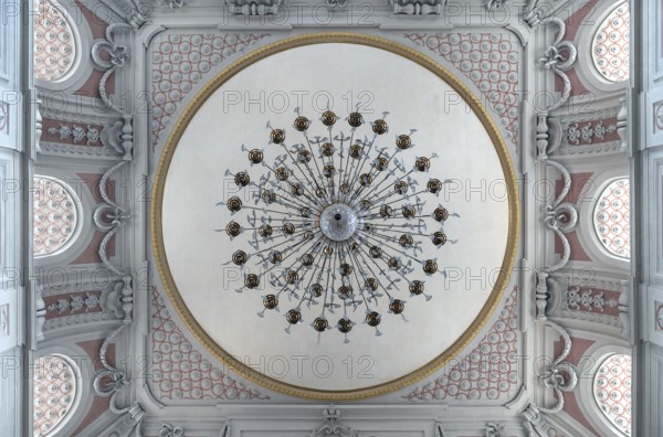 Vaulted dome with chandelier of St James' Church, built 1772-1775, Bad Kissingen, Lower Franconia, Bavaria, Germany, Europe