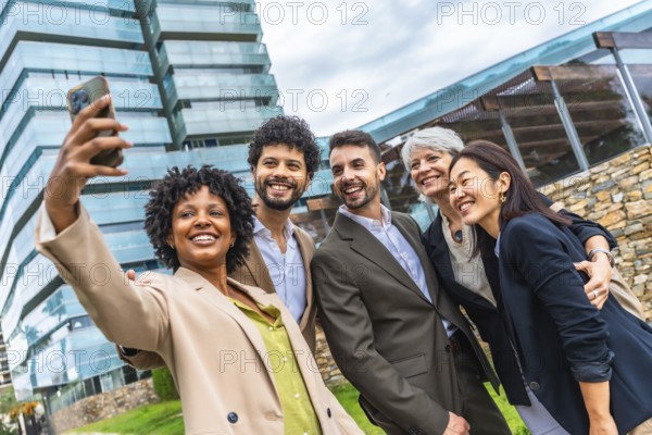 Multi-ethnic business team taking a selfie together in the city next to modern financial building