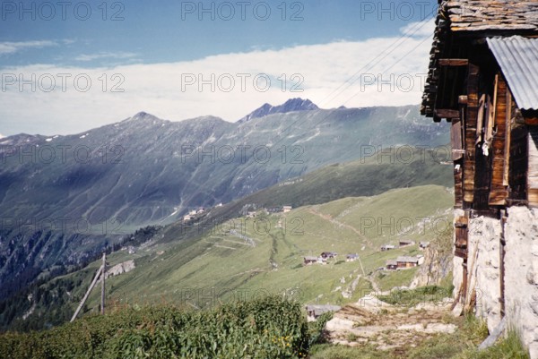 Wooden summer log cabins Belalp, Bernese Alps, Switzerland, Europe around 1960, Europe