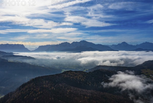 View from Schwarzenberg to a sea of fog in the Salzach valley with Watzmann and Untersberg, Osterhorn group, Salzkammergut, Salzburg province, Austria, Europe