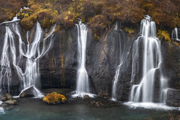 Hraunfossar, waterfalls in autumn, river Hvítá, West Iceland, Vesturland, Iceland, Europe