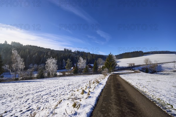 Hilly winter landscape, snow, road, blue sky with veil clouds, Titisee-Neustadt, Black Forest, Breisgau-Hochschwarzwald district, Baden-Württemberg, Germany, Europe