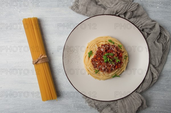 Spaghetti Bolognese, top view, close-up, no people, homemade