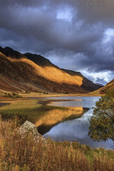 Mountains reflected in lake, evening light, cloudy mood, autumn, Loch Achtriochtan, Glencoe, Scottish Highlands, Scotland, Great Britain