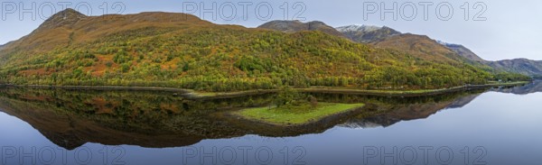 Fjord, coast, mountain landscape, reflection, island, autumn, panorama, aerial view, Loch Leven, Scotland, Great Britain