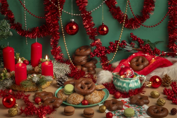 Lavishly decorated table with Christmas decorations, Advent wreath with two lit candles and biscuits