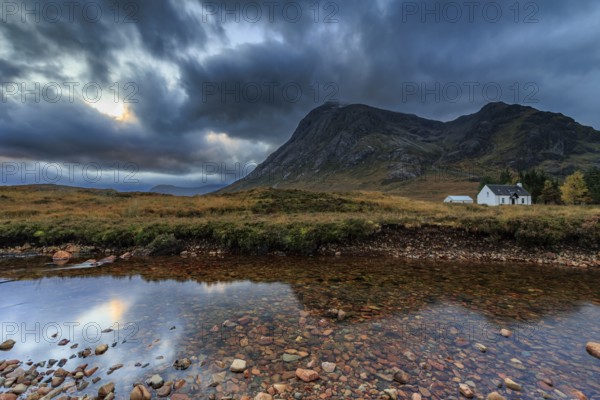 Wild river, cloudy mood, hut, cottage, long exposure, autumn, mountains, Lagangarbh Cottage, Buachaille Etive Mòr, Glencoe, Scottish Highlands, Scotland, Great Britain