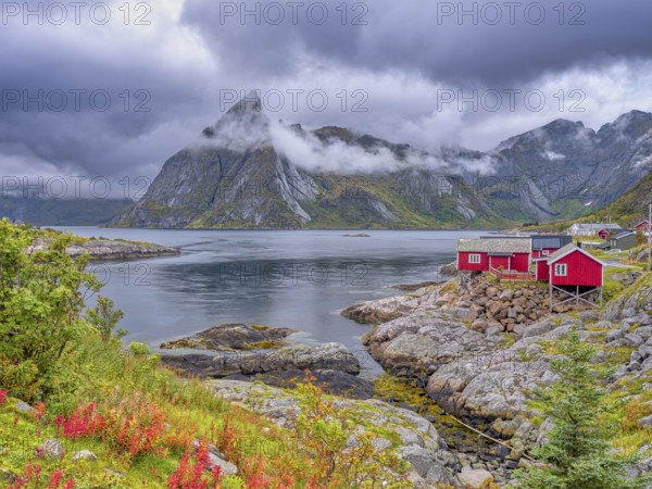 Rorbuer in Hamnoy, Mount Olstinden, Moskenesoya, Lofoten, Norway, Europe
