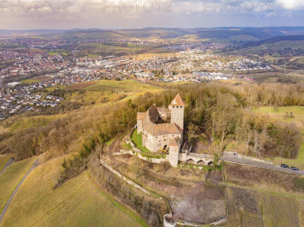 Historic castle on a hill with panoramic views over a town and fields, Lichtenberg Castle, Oberstenfeld, Germany, Europe