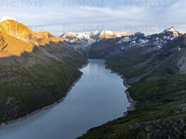 Alpine panorama with Pigne d'Arolla, Lac de Dix, sunset in the mountains, reservoir, Valais Alps, Valais, Switzerland, Europe