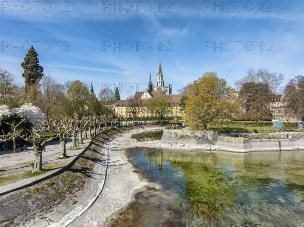 Aerial view of the old town of Constance with the island canal at low tide, on the left the lakeside promenade in the city garden, above the Constance Minster with the 78 metre high Minster Tower, Lake Constance, Constance district, Baden-Württemberg, Germany, Europe