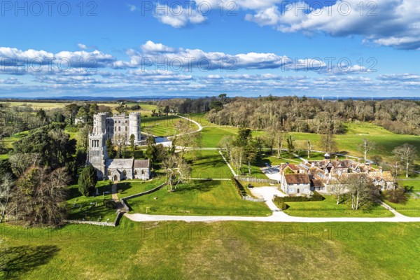 Lulworth Castle from a drone, Lulworth Estate, Camp Bestival, East Lulworth, Dorset, England, United Kingdom, Europe