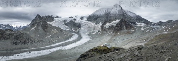 Aerial view, Alpine panorama, mountain hut Cabane des Dix, mountain landscape with glacier Glacier de Cheilon and summit Mont Blanc de Cheilon, Valais, Western Alps, Switzerland, Europe