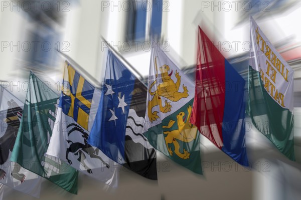 Symbolic photo cantonal flags Appenzell Ausseroden, St. Gallen, Graubünden, Aargau, Thurgau, Ticino, Vaud, Switzerland, Europe