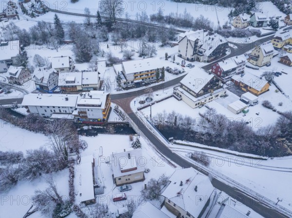 Small village with snow-covered houses and streets in a wintry setting, Enzklösterle, district of Calw, Black Forest, Germany, Europe