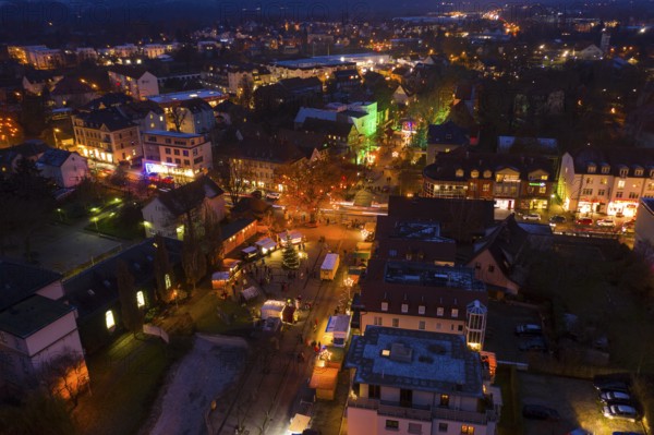 Aerial view of the Christmas market on Wettinplatz, Coswig, Saxony, Germany, Europe