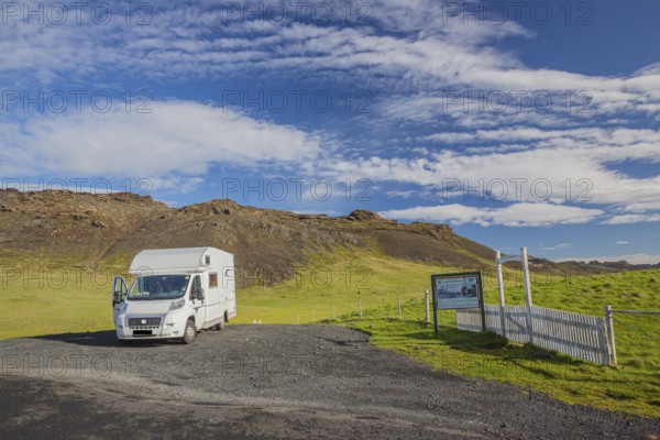 Motorhome on the parking lot at Krysuvik church, south of Krysuvik