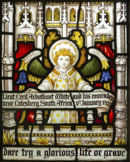 Detail of stained glass window Clayton and Bell, Boulge church, Suffolk, England, UK - Suffolk Regiment memorial battle of Colesberg, South Africa 1900