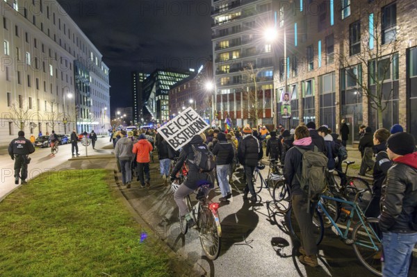 Anti-fascist protests in front of the Axel Springer skyscraper against the World Economic Summit, a political lobby meeting with guests such as Elon Musk, Alice Weidel and Friedrich Merz, Berlin, 27 January 2025