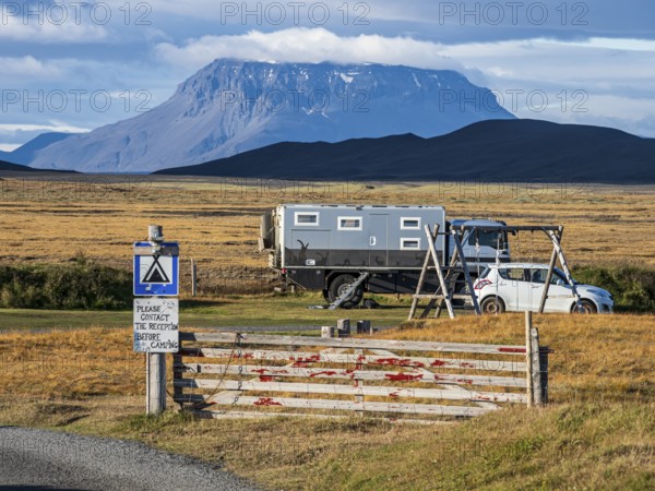 Camper vans, campsite at Mödrudalur farm and guesthouse, northwest of Egilsstadir, Iceland, Europe