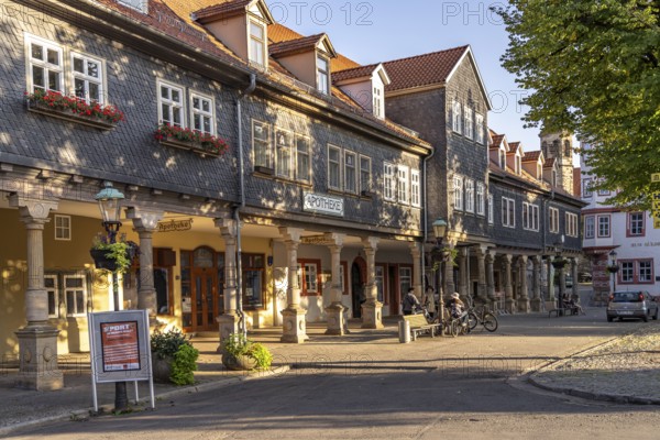 Arcades with shops at the market in Arnstadt, Thuringia, Germany, Europe