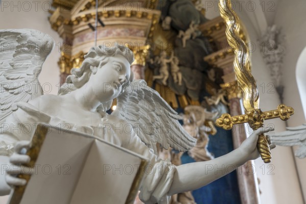 Angel in front of the altar by Nicodemus Tessin in the interior of the Evangelical Lutheran Church of the Saviour in front of Frelsers Kirke, Copenhagen, Denmark, Europe