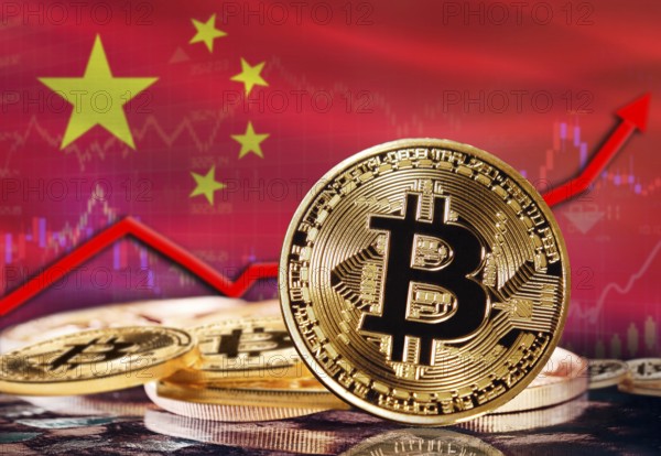Bitcoin with China flag in the background. Bitcoin rising with China flag in the background