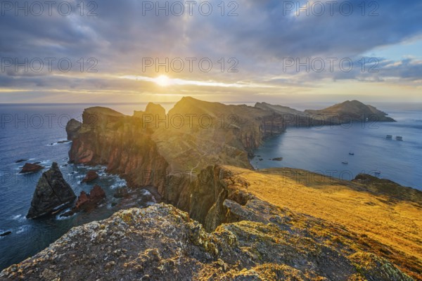 Madeira Island scenic rugged landscape, Ponta do Sao Lorenco cape on sunrise, Miradouro do Abismo viewpoint. Madeira, Portugal, Europe