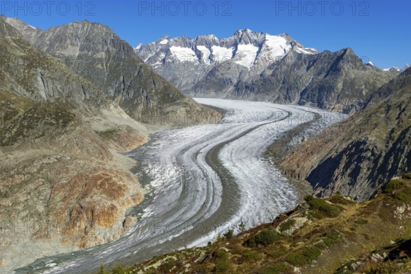 Aletsch glacier, glacier tongue, panorama, climate change, decline, global warming, ice, global climate, tourism, Aletsch Arena, Valais, Switzerland, Europe
