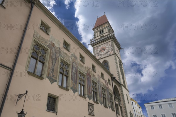 Historic Old Town Hall, the old frescoes were replaced with modern facade frescoes in 1922, Rathausplatz, Passau, Lower Bavaria, Bavaria, Germany, Europe
