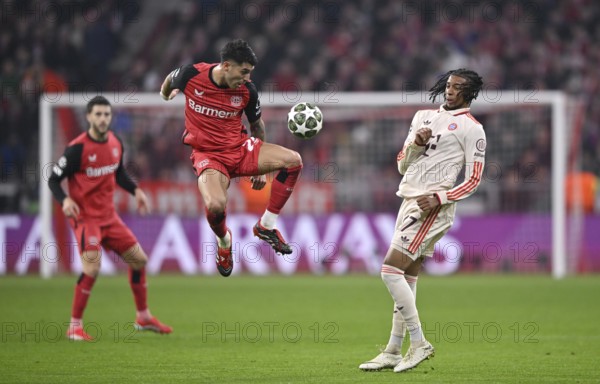 Tackle, action Exequiel Palacios Bayer 04 Leverkusen (25) v Michael Olise FC Bayern Muenchen FCB (17) UEFA Champions League Allianz Arena, Munich, Bavaria, Germany, Europe