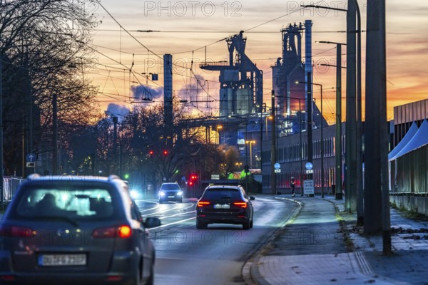 Duisburg-Bruckhausen steel site, ThyssenKrupp Steel, blast furnaces 8 and 9, on Kaiser-Wilhelm-Straße, sunset, North Rhine-Westphalia, Germany, Europe