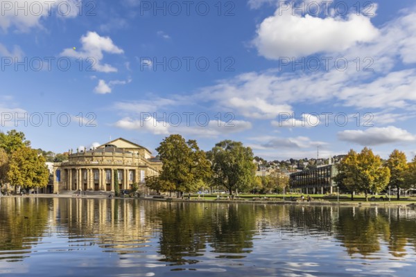 Autumn atmosphere at the opera house with Eckensee. The state parliament building on the right. Panoramic photo. Stuttgart, Baden-Württemberg, Germany, Europe