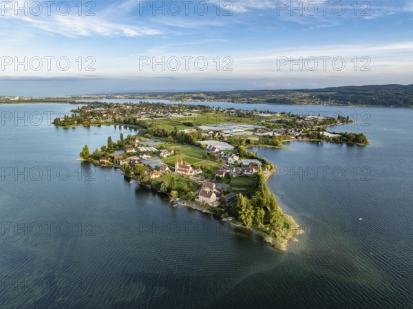 Aerial view, of the north-western tip of the island of Reichenau in Lake Constance, with the district of Niederzell and the columned basilica of St Peter and Paul, with Windegg Castle on the shore, district of Constance, Baden-Württemberg, Germany, Europe